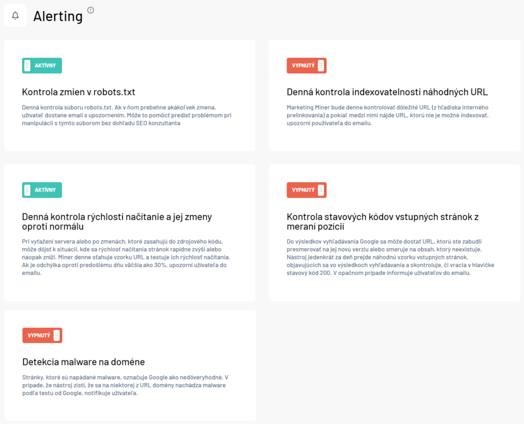 Alerting - kontrola zmien na webe v Marketing Miner