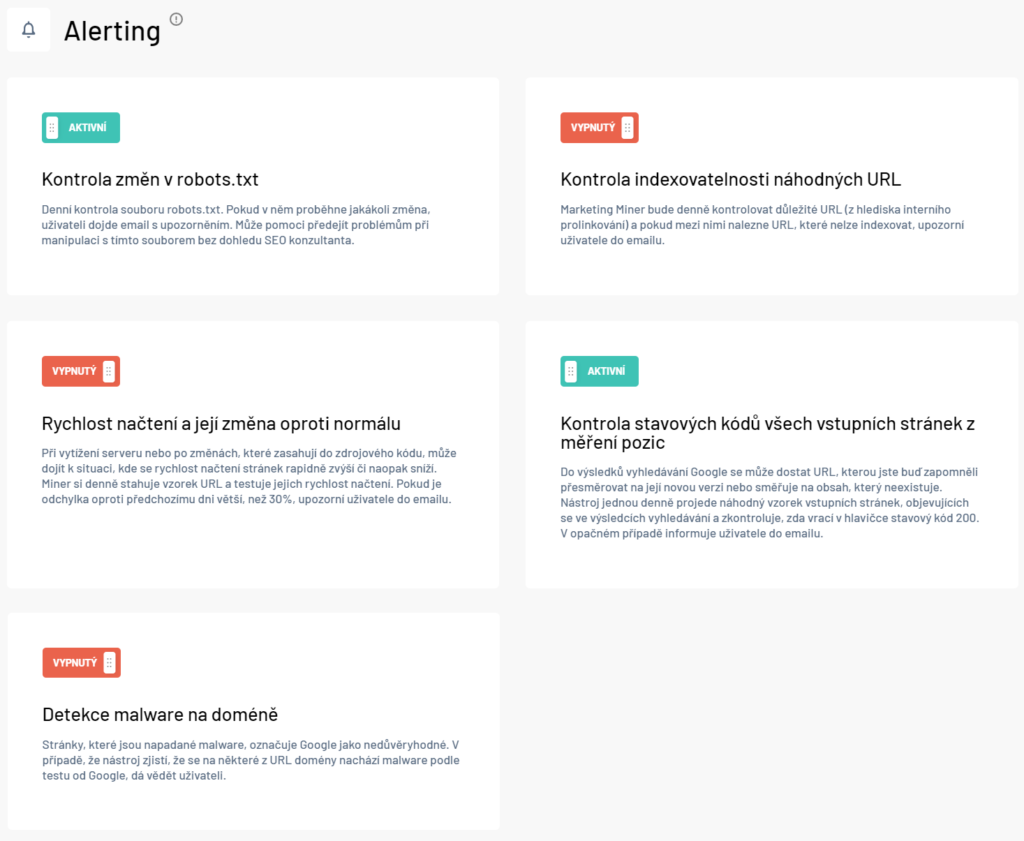 Alerting Marketing Miner sekce