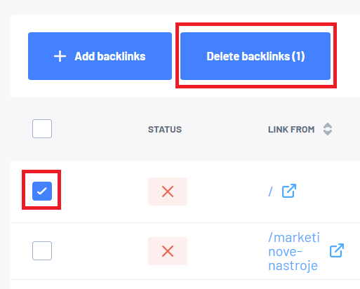 Usuń backlinki - przycisk