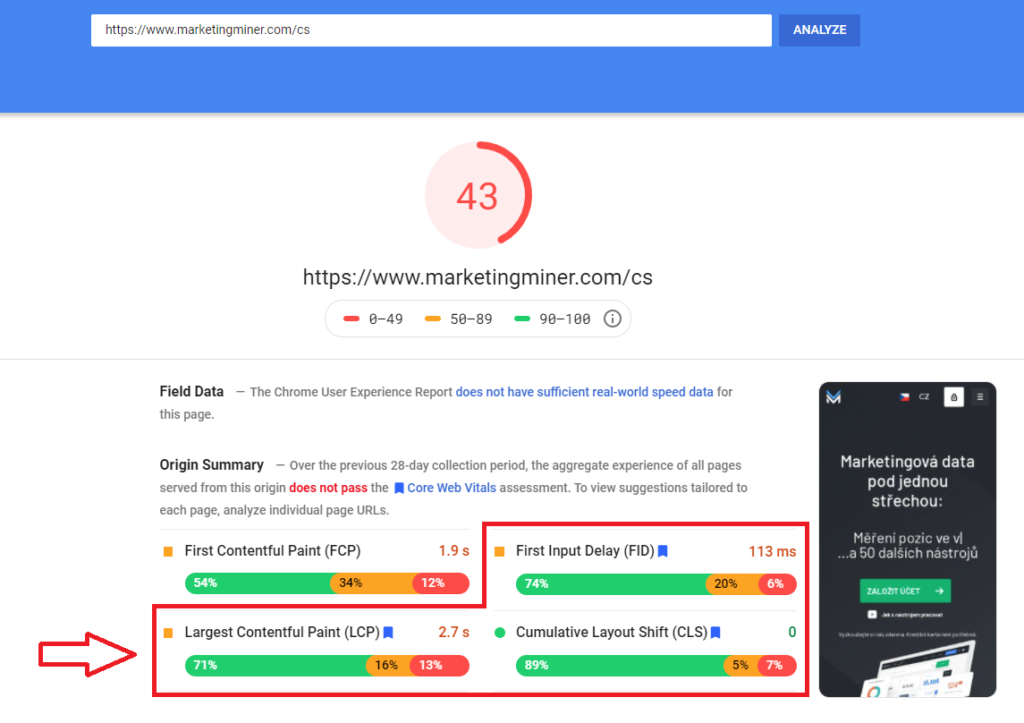 PageSpeed Insights Core Web Vitals metriky