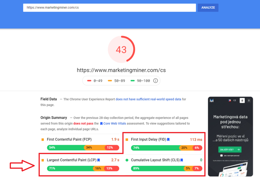 Core Web Vitals w PageSpeed Insights