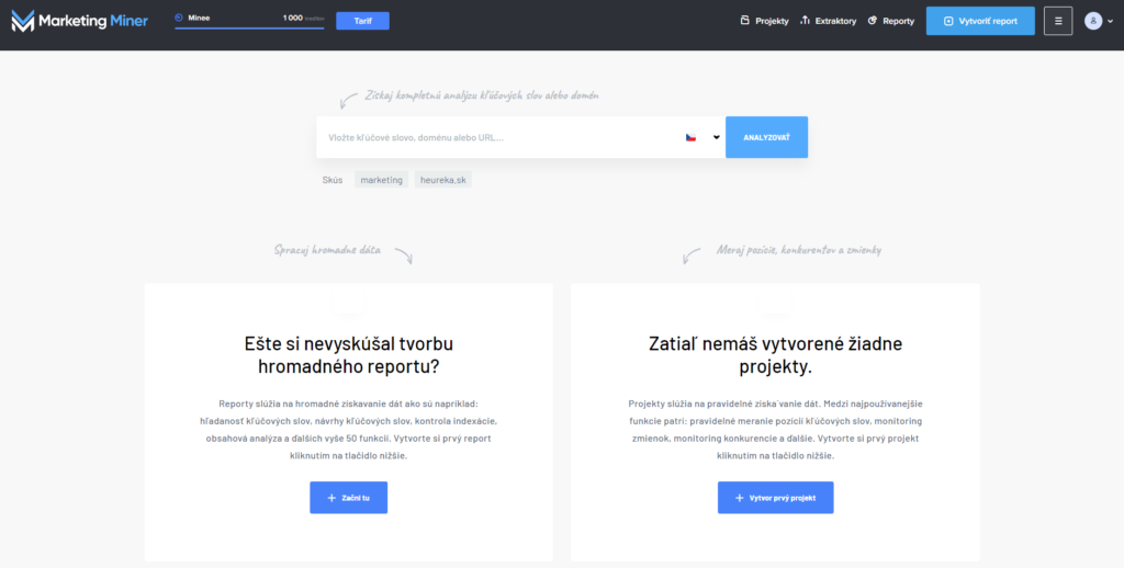 Homepage Marketing Miner po prihlásení sa