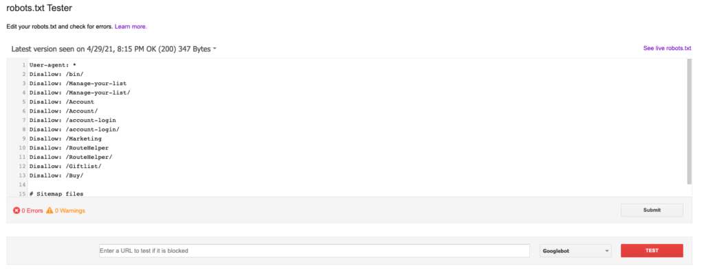 Robots.txt testing tool in Google Search Console
