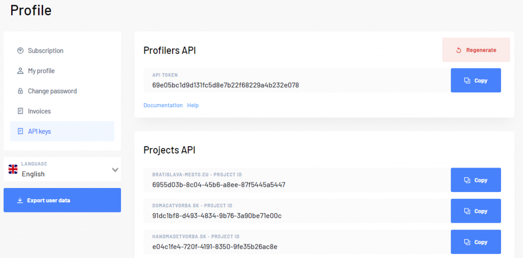 API key in user profile