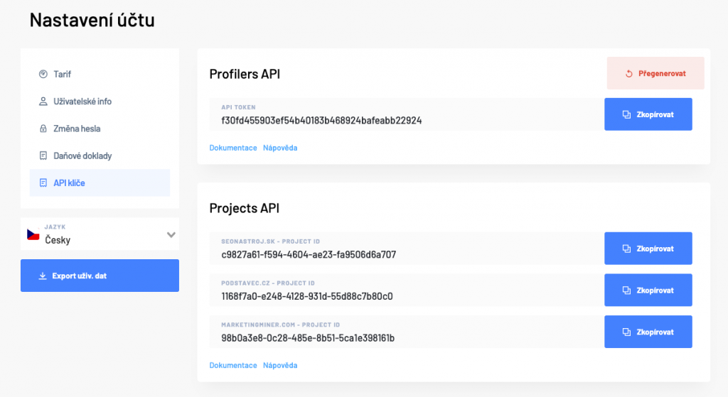 Profiler API kulcs