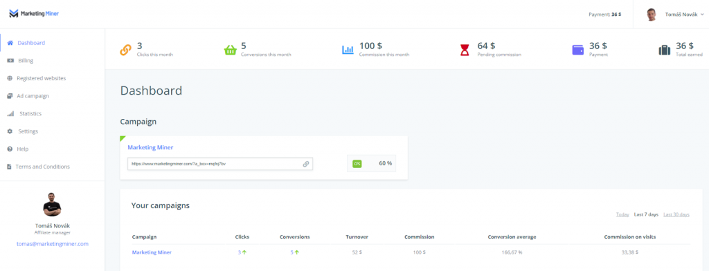 Marketing Miner affiliate program dashboard