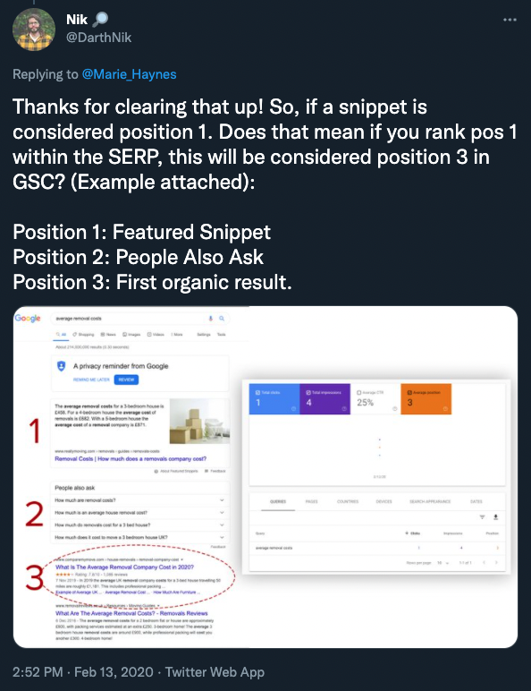 Actual position of featured snippet