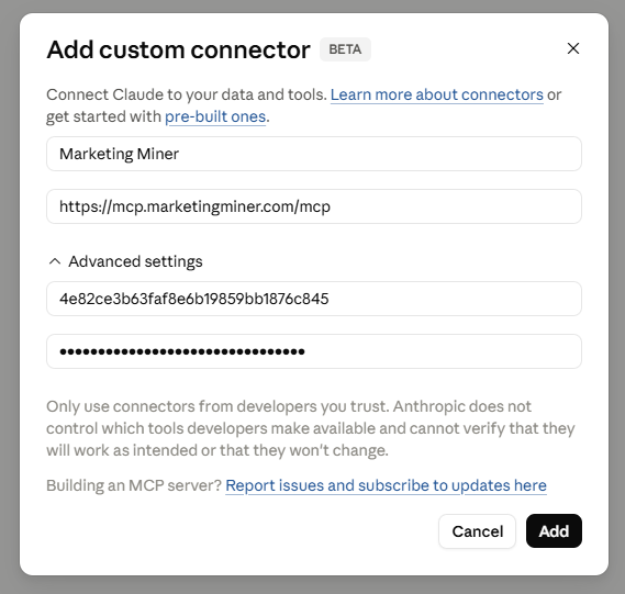 Pridať custom connector Marketing Miner MCP do Claude